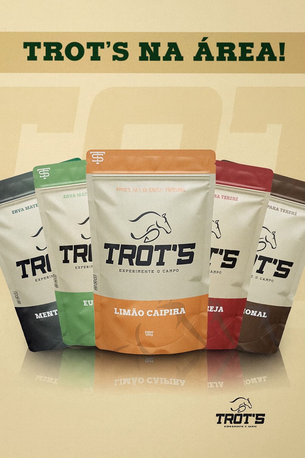 Linha completa de erva-mate para tereré Trot's, embalagens coloridas